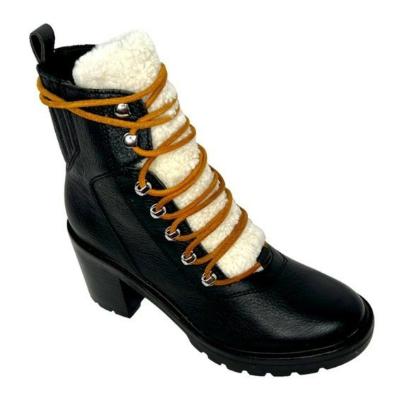 Marc Fisher Black Denise Leather Sheep Fur Combat Moto Ankle Boots Size 7.5M - Picture 2 of 16